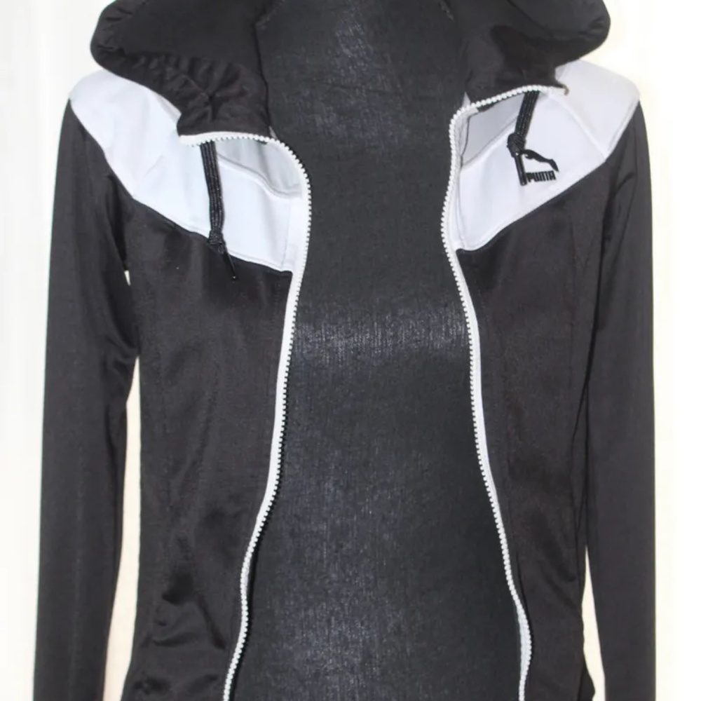 Black Puma Athletic Jacket, Gray & White Detail, Zipper,Hood,  2  Pockets
